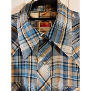Miller Western Wear Shirt Men 16 Blue Multi Plaid Short Sleeve Button-Up Vintage
